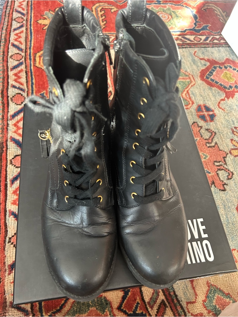 Love Moschino Black Lace-Up Ankle Booties with Gold Eyelets